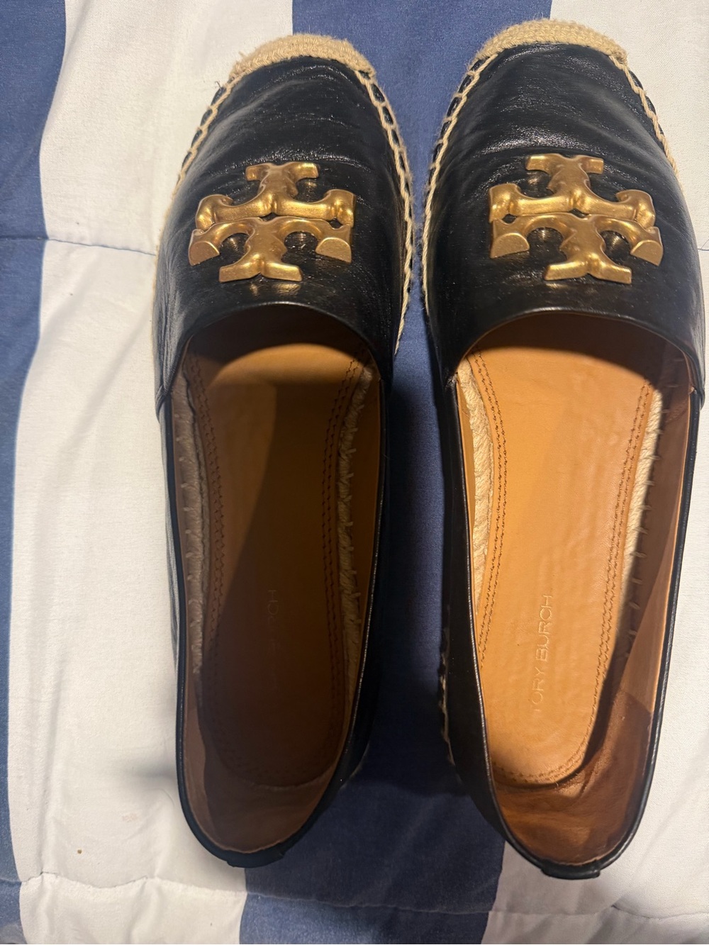 Tory Burch Black Leather Espadrille Flats with Gold Logo Medallion